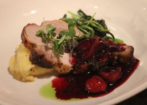 spit-roasted Rain Crow Ranch pork loin  with local strawberry & herb compote;